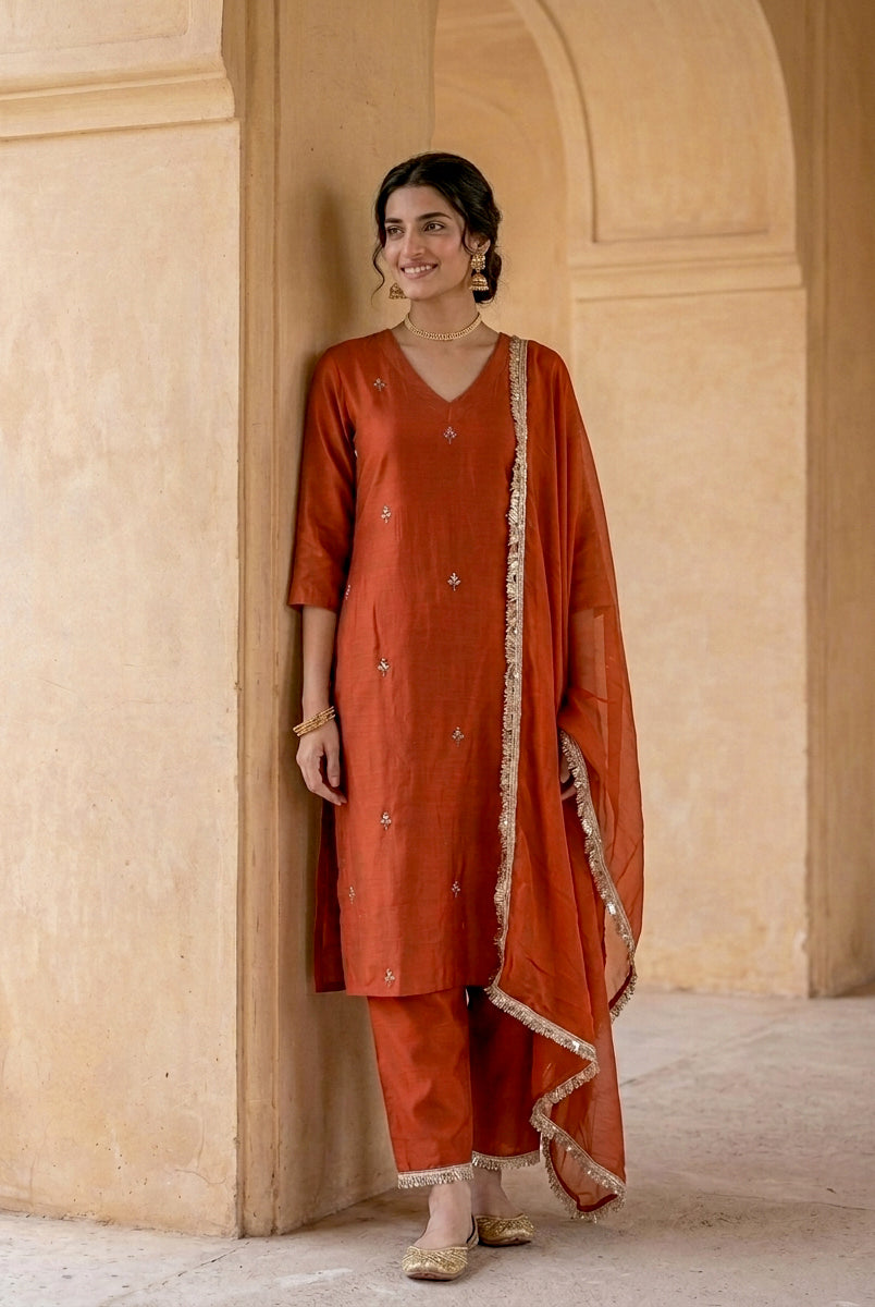 Rust Silk Chanderi Kurta with Cotton Pants & Organza Dupatta — view 1