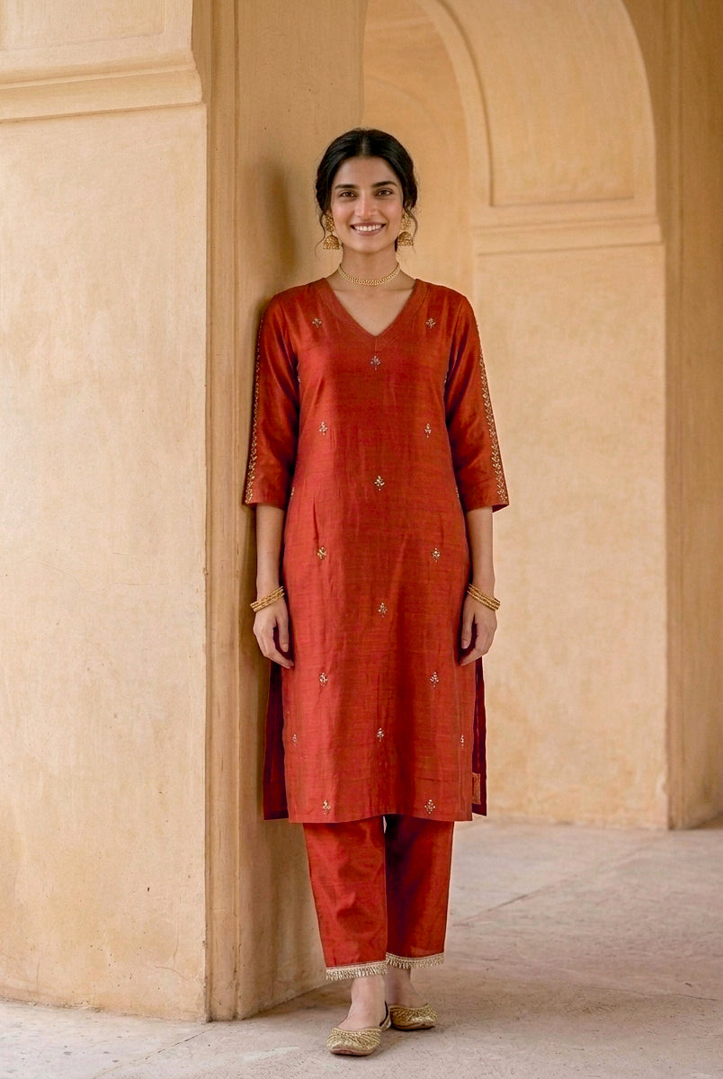 Rust Silk Chanderi Kurta with Cotton Pants & Organza Dupatta — view 2