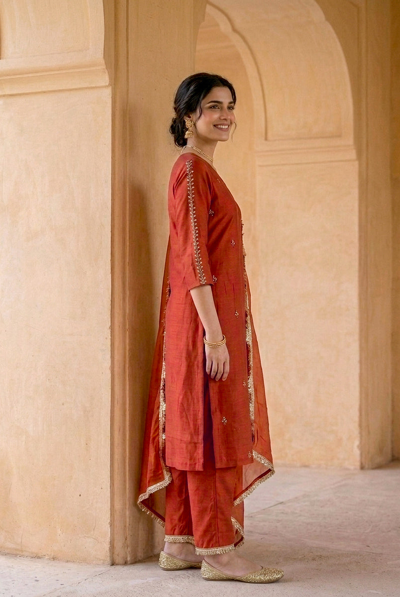 Rust Silk Chanderi Kurta with Cotton Pants & Organza Dupatta — view 3