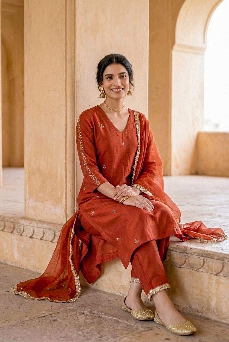 Rust Silk Chanderi Kurta with Cotton Pants & Organza Dupatta — view 5