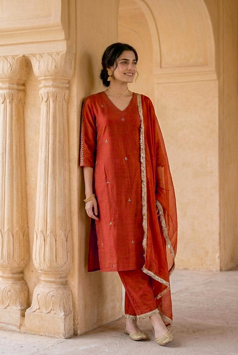 Rust Silk Chanderi Kurta with Cotton Pants & Organza Dupatta — view 6