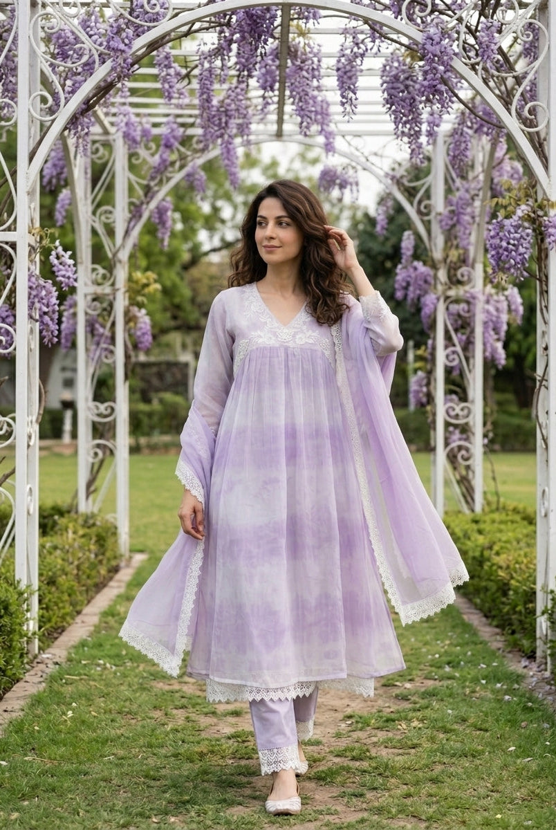 Lilac Tie-Dye Organza Kurta Set with Pants & Dupatta — view 1