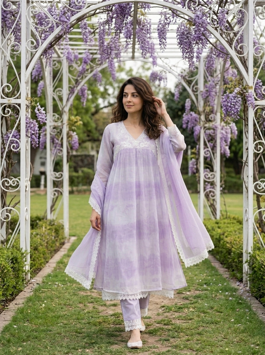 Lilac Tie-Dye Organza Kurta Set with Pants & Dupatta — view 1
