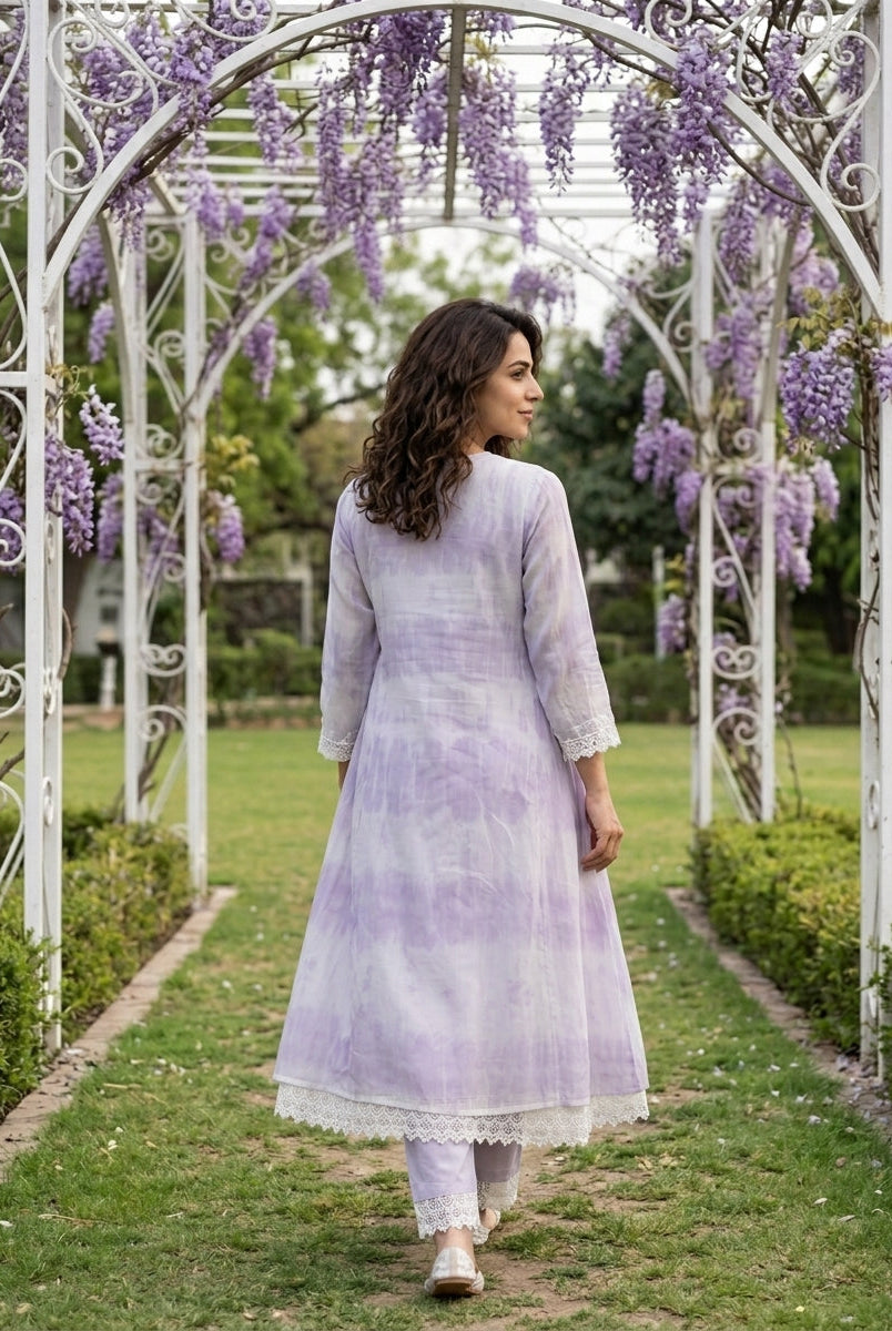 Lilac Tie-Dye Organza Kurta Set with Pants & Dupatta — view 2