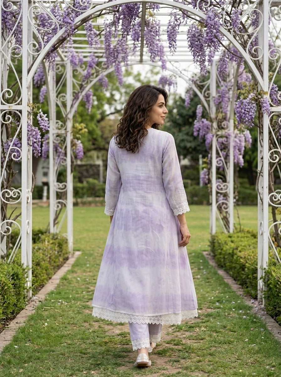 Lilac Tie-Dye Organza Kurta Set with Pants & Dupatta — view 2