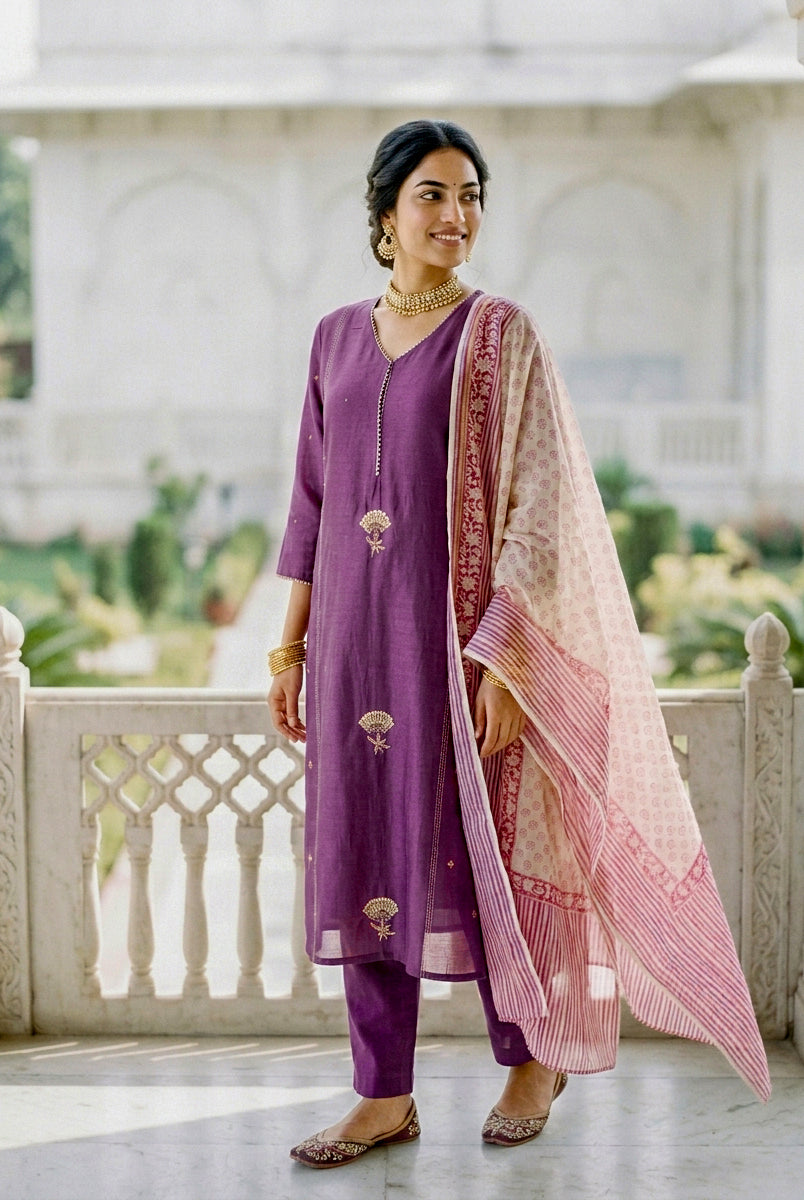 Mauve Purple Chanderi Silk Kurta Set with Pants & Block Print Dupatta — view 1