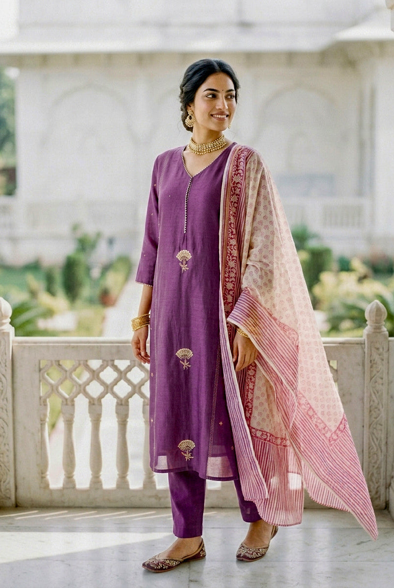 Mauve Purple Chanderi Silk Kurta Set with Pants & Block Print Dupatta — view 1