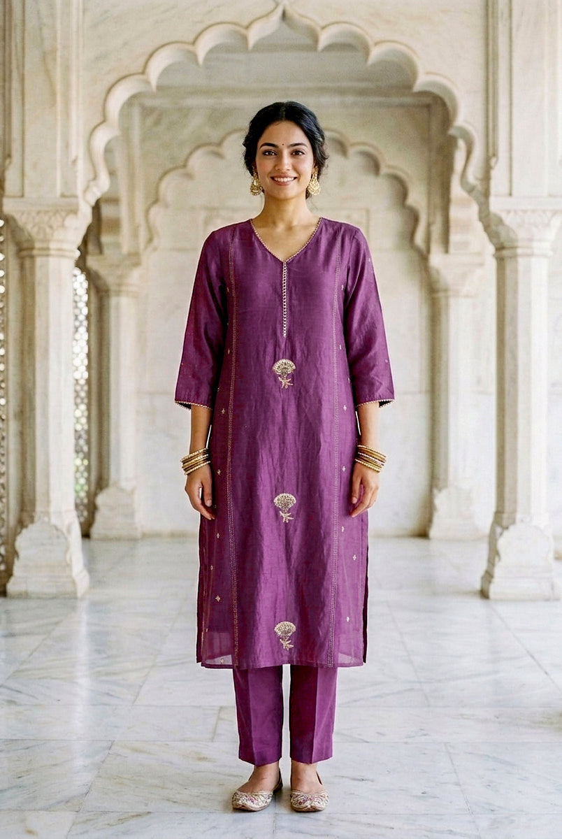 Mauve Purple Chanderi Silk Kurta Set with Pants & Block Print Dupatta — view 2
