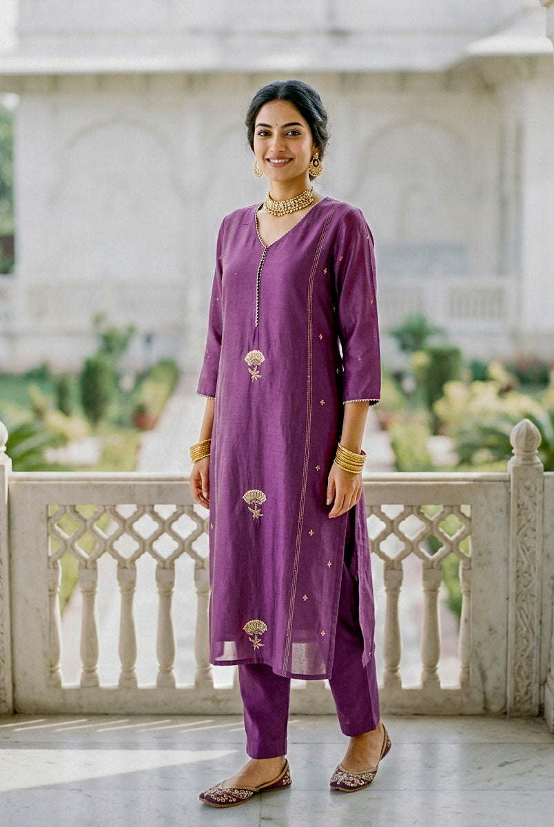 Mauve Purple Chanderi Silk Kurta Set with Pants & Block Print Dupatta — view 3