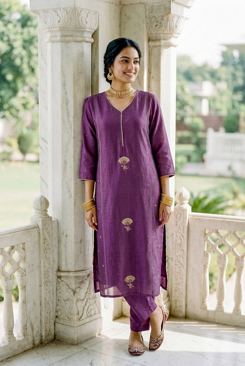 Mauve Purple Chanderi Silk Kurta Set with Pants & Block Print Dupatta — view 4