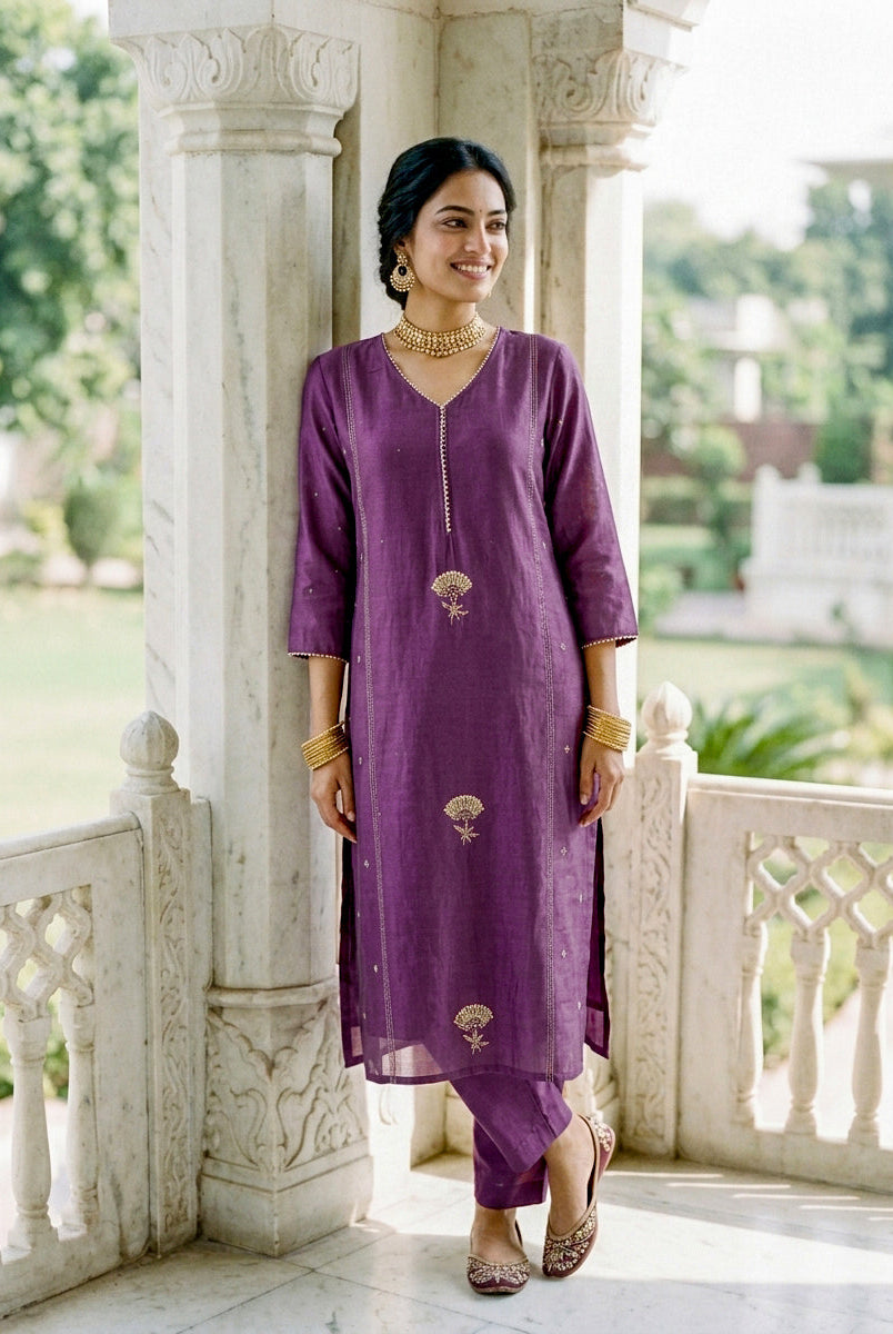 Mauve Purple Chanderi Silk Kurta Set with Pants & Block Print Dupatta — view 4
