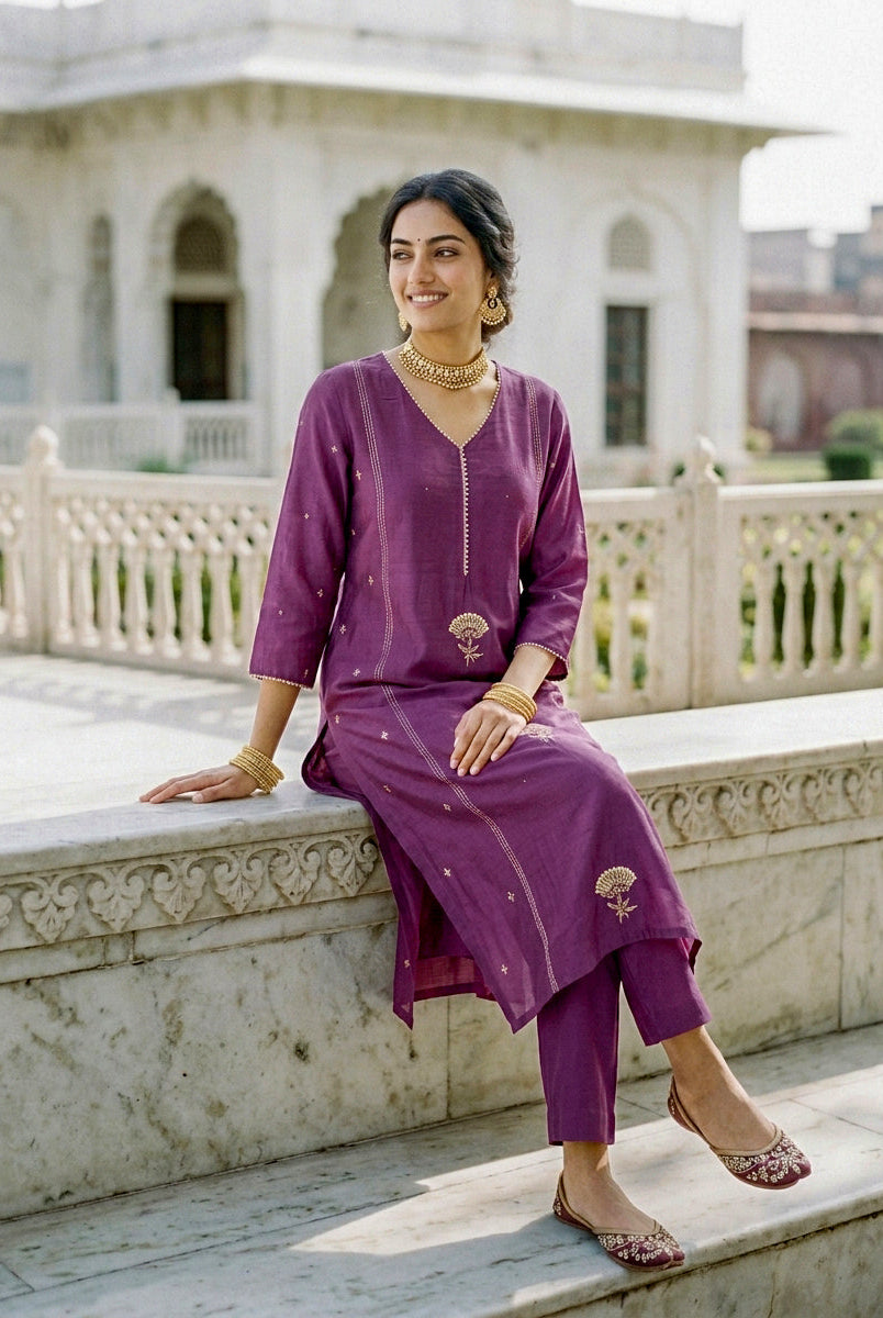 Mauve Purple Chanderi Silk Kurta Set with Pants & Block Print Dupatta — view 5
