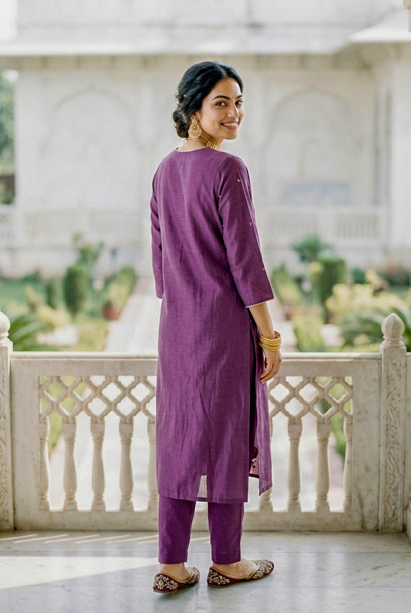 Mauve Purple Chanderi Silk Kurta Set with Pants & Block Print Dupatta — view 6