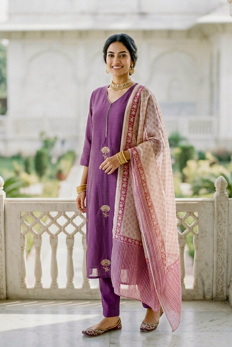 Mauve Purple Chanderi Silk Kurta Set with Pants & Block Print Dupatta — view 7