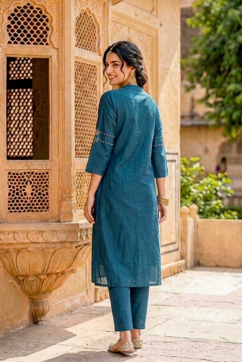 Teal Silk Chanderi Kurta with Pants & Chanderi Dupatta — view 4