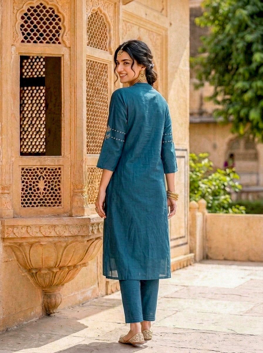 Teal Silk Chanderi Kurta with Pants & Chanderi Dupatta — view 4