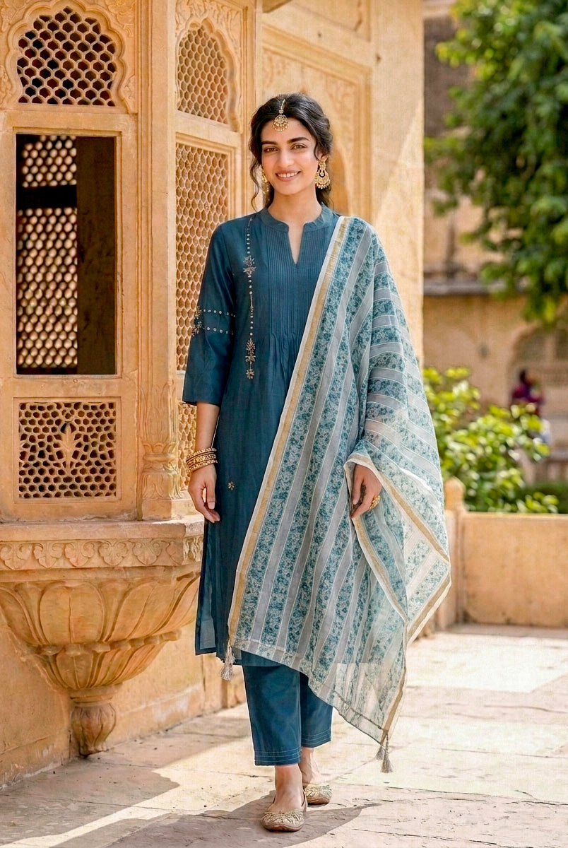 Teal Silk Chanderi Kurta with Pants & Chanderi Dupatta — view 1