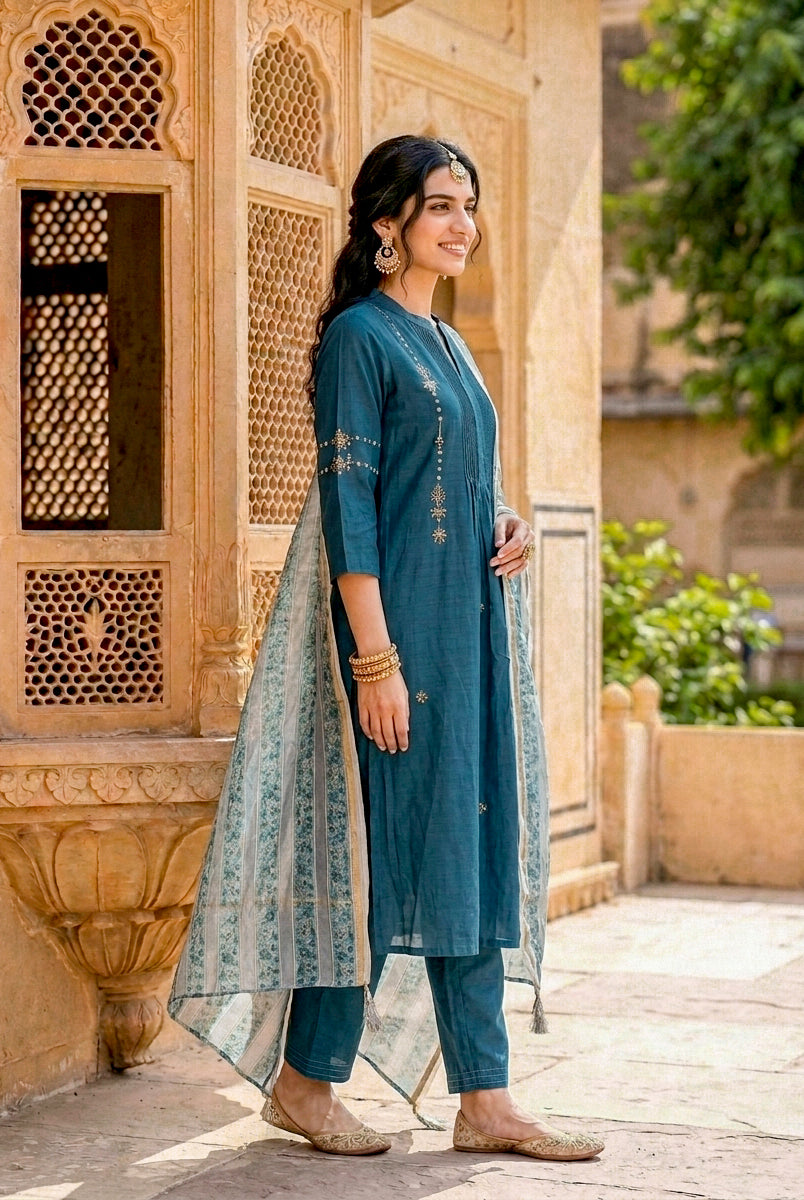 Teal Silk Chanderi Kurta with Pants & Chanderi Dupatta — view 3