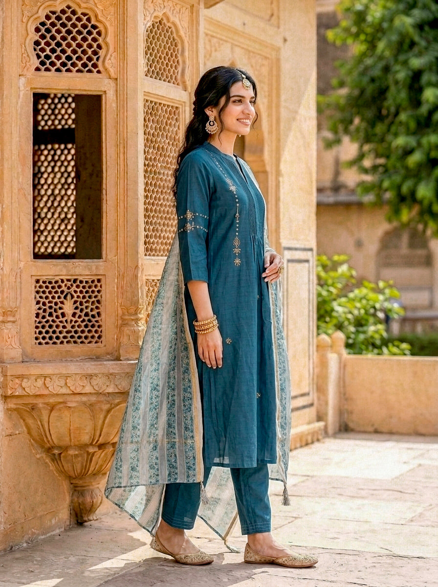 Teal Silk Chanderi Kurta with Pants & Chanderi Dupatta — view 3