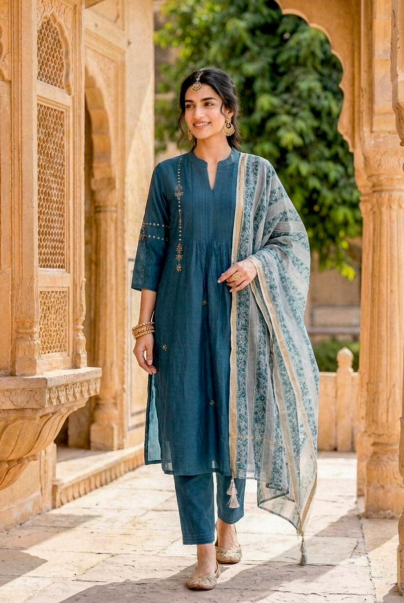 Teal Silk Chanderi Kurta with Pants & Chanderi Dupatta — view 5