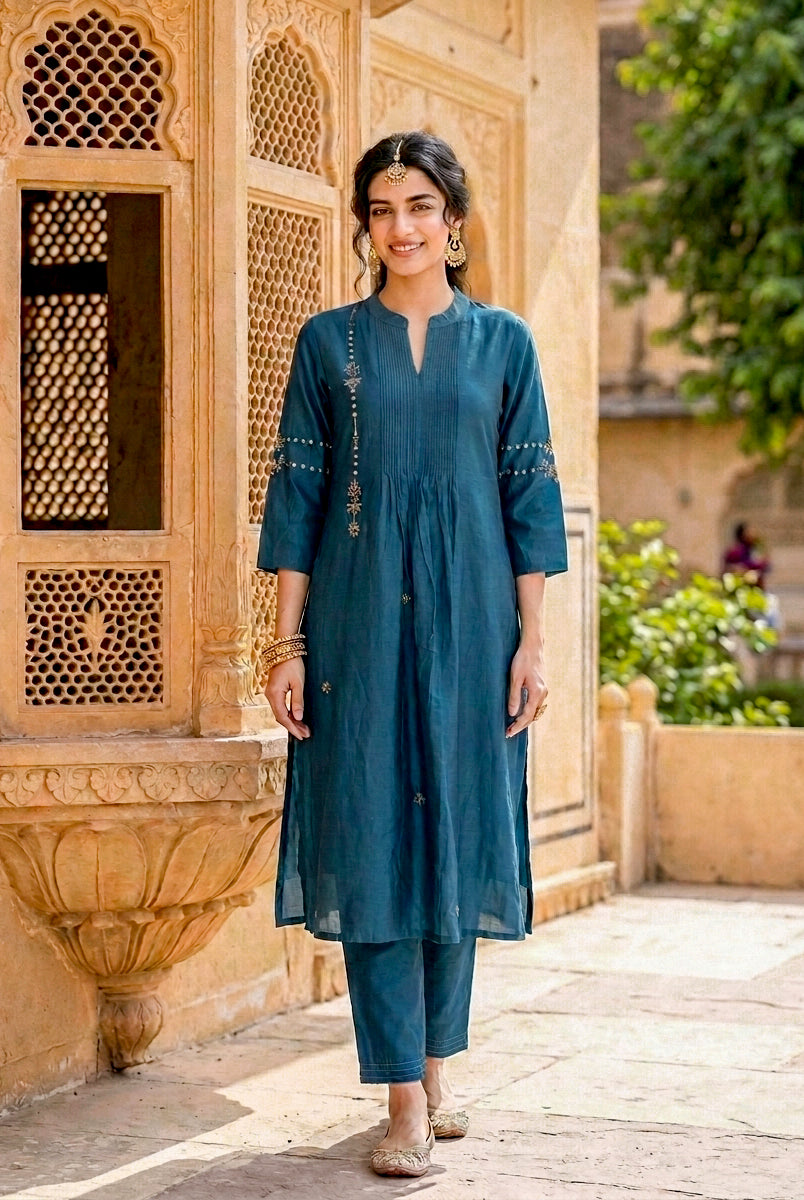 Teal Silk Chanderi Kurta with Pants & Chanderi Dupatta — view 2