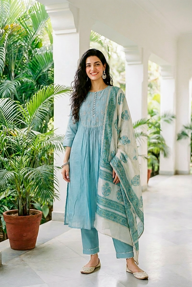 Aqua Pitta-Work Silk Chanderi Kurta Set with Pants & Block Print Dupatta — full set front