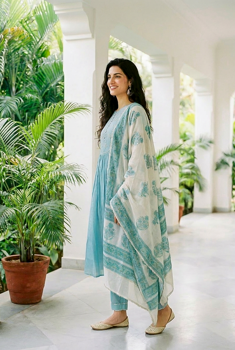 Aqua Pitta-Work Silk Chanderi Kurta Set with Pants & Block Print Dupatta — model front