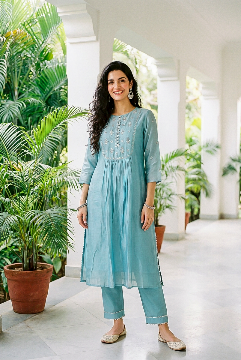 Aqua Pitta-Work Silk Chanderi Kurta Set with Pants & Block Print Dupatta — kurta detail