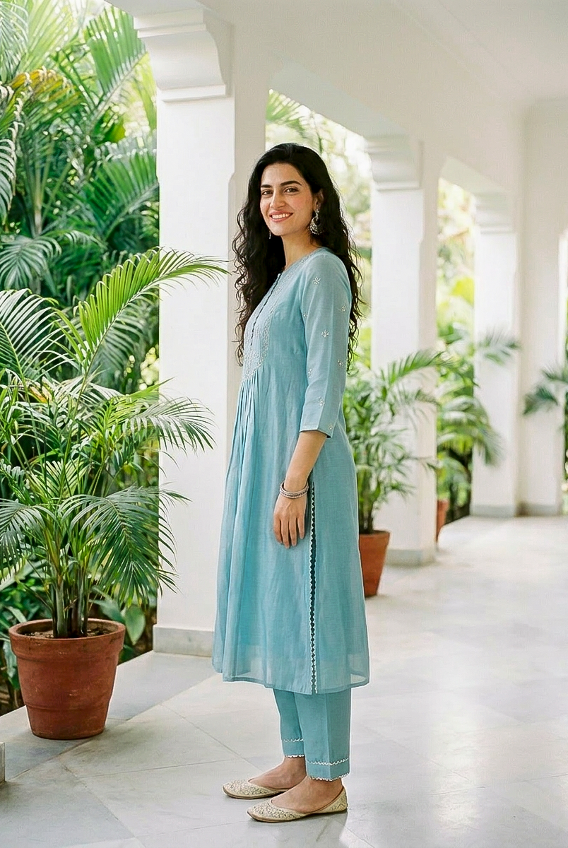 Aqua Pitta-Work Silk Chanderi Kurta Set with Pants & Block Print Dupatta — back view