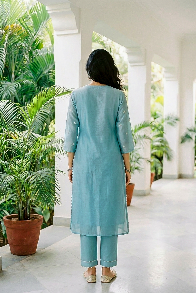 Aqua Pitta-Work Silk Chanderi Kurta Set with Pants & Block Print Dupatta — side view