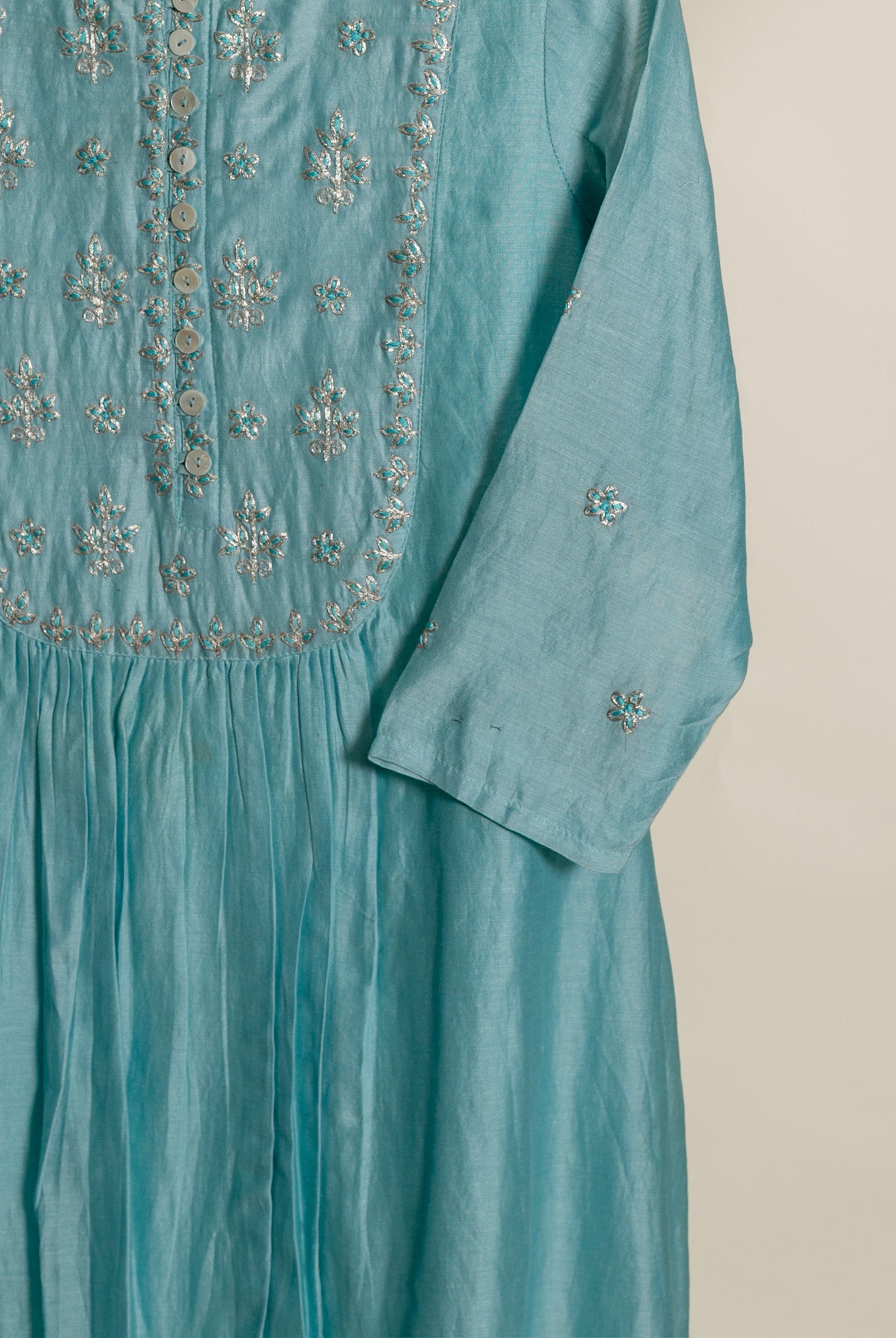 Aqua Pitta-Work Silk Chanderi Kurta Set with Pants & Block Print Dupatta — styling detail