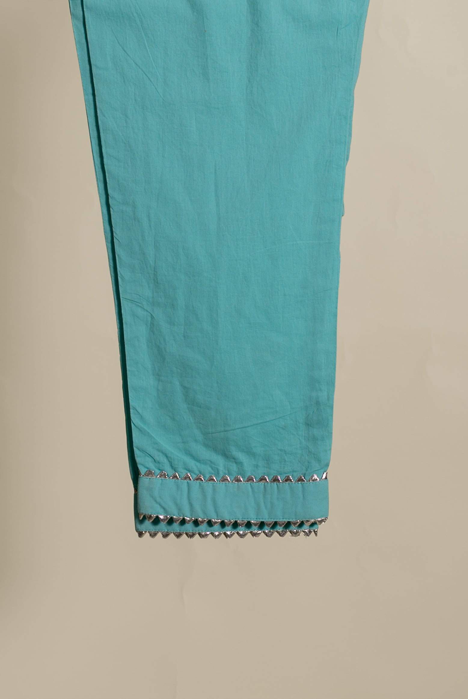 Aqua Pitta-Work Silk Chanderi Kurta Set with Pants & Block Print Dupatta — fabric close-up