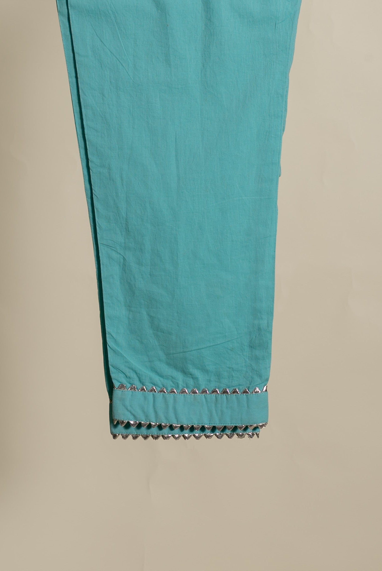 Aqua Pitta-Work Silk Chanderi Kurta Set with Pants & Block Print Dupatta — fabric close-up