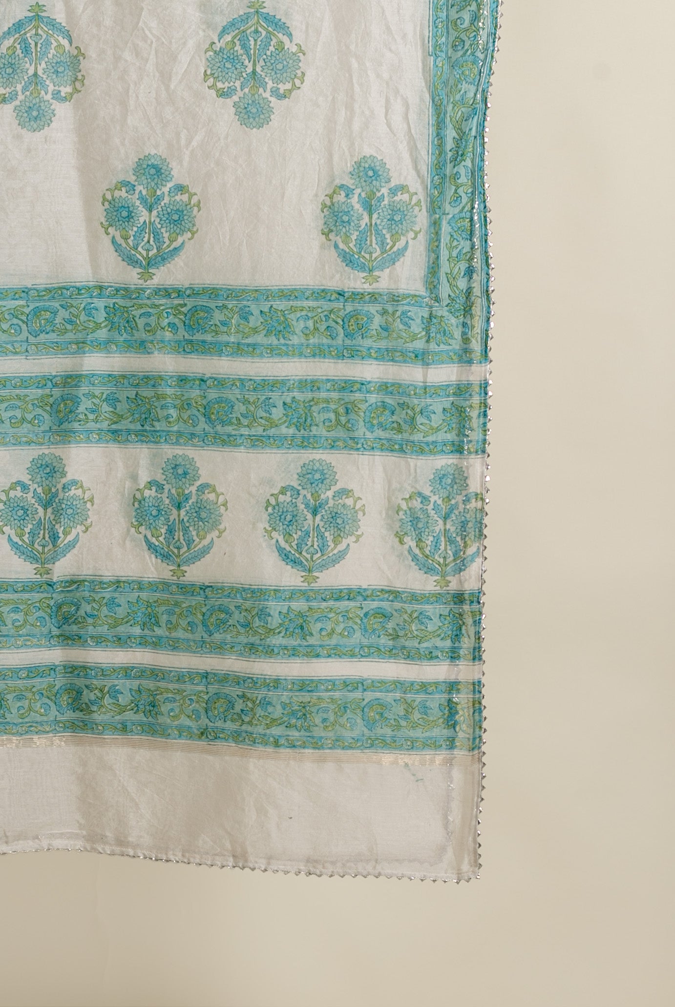 Aqua Pitta-Work Silk Chanderi Kurta Set with Pants & Block Print Dupatta — print detail