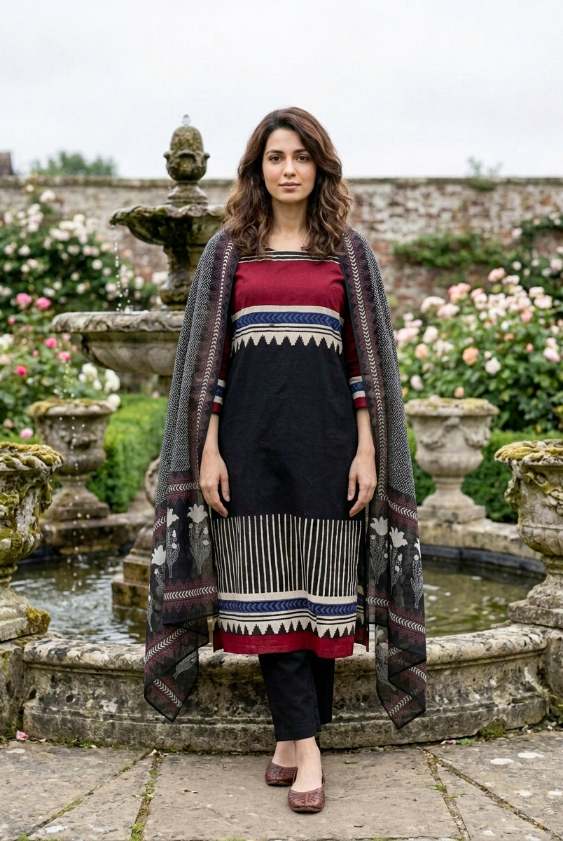 Black Tribal Hand Block Print Cotton Kurta Set with Pants & Dupatta — view 1