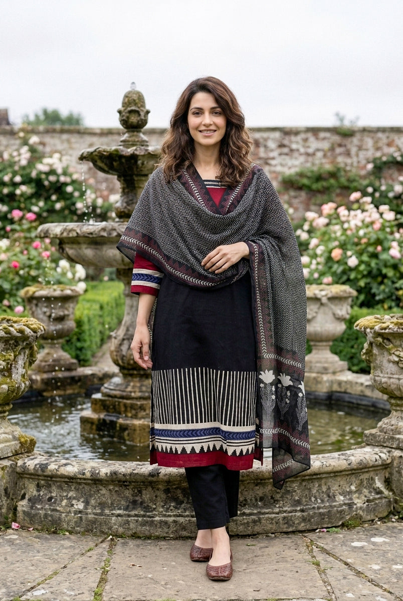 Black Tribal Hand Block Print Cotton Kurta Set with Pants & Dupatta — view 5