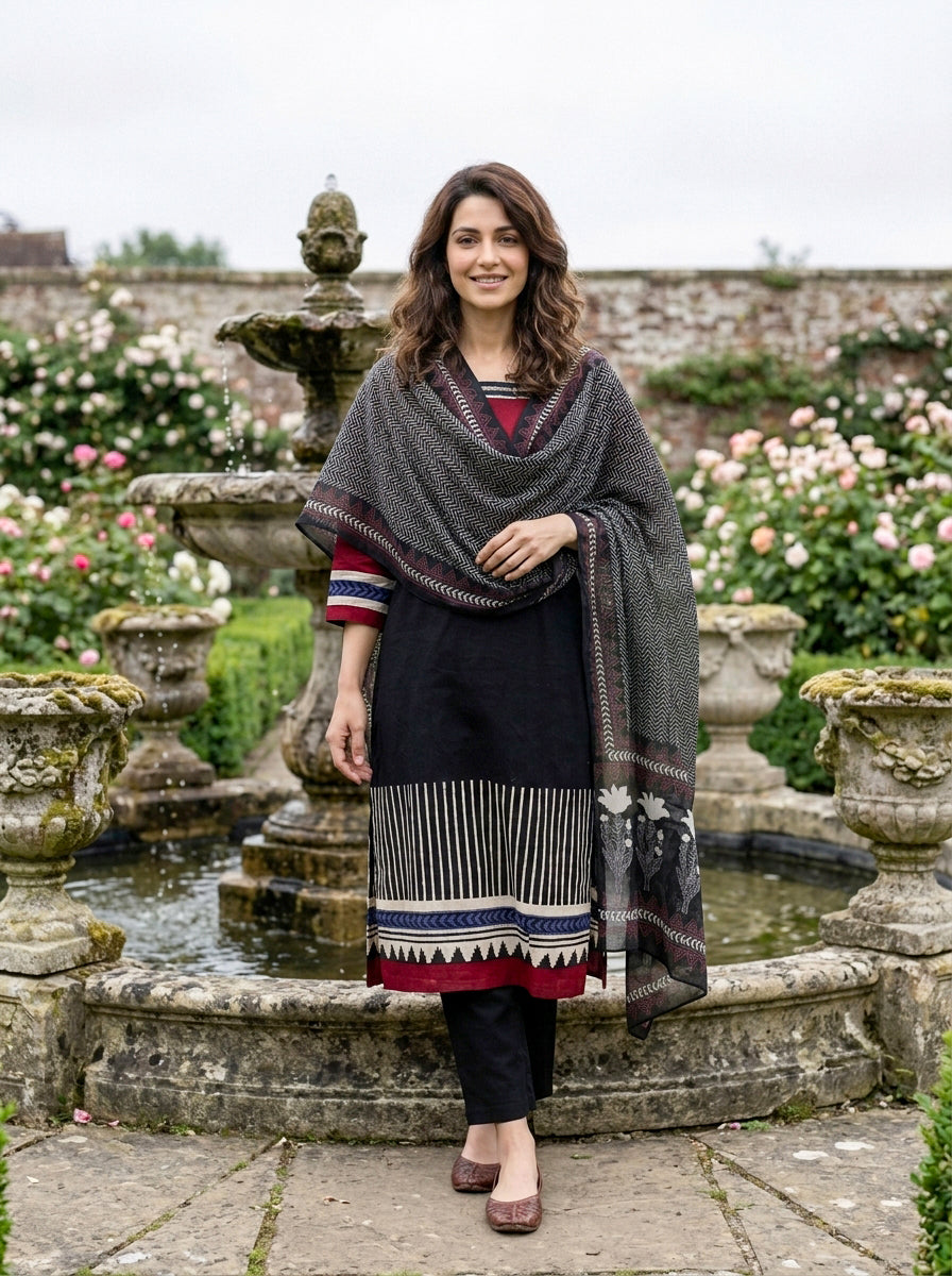 Black Tribal Hand Block Print Cotton Kurta Set with Pants & Dupatta — view 5