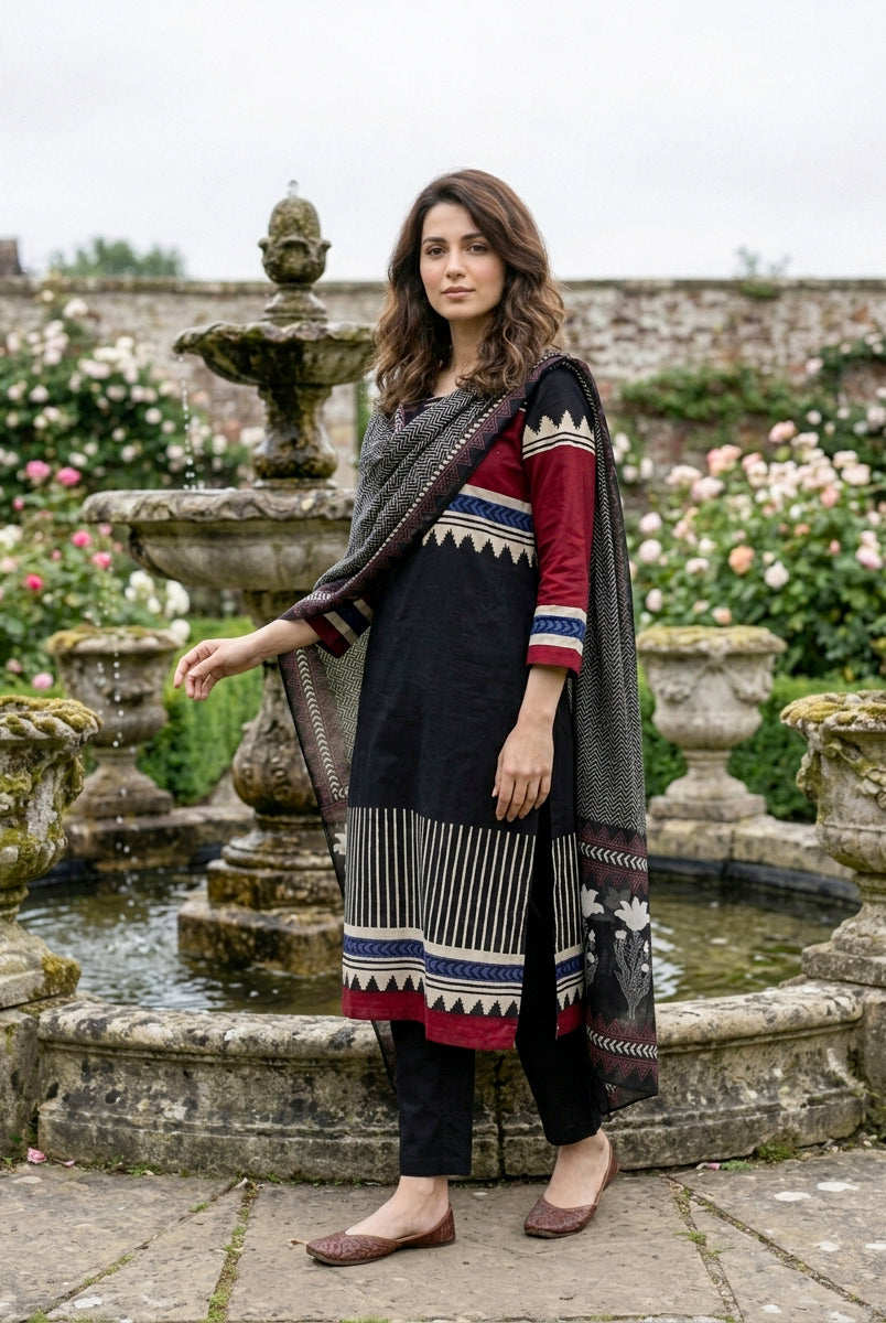Black Tribal Hand Block Print Cotton Kurta Set with Pants & Dupatta — view 6