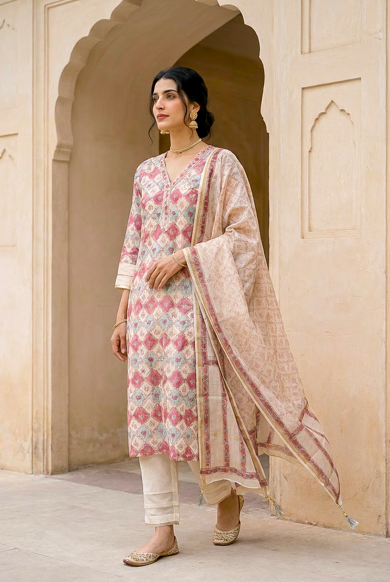 Ivory & Coral Hand Block Print Silk Chanderi Kurta Set with Pants & Dupatta — full set front