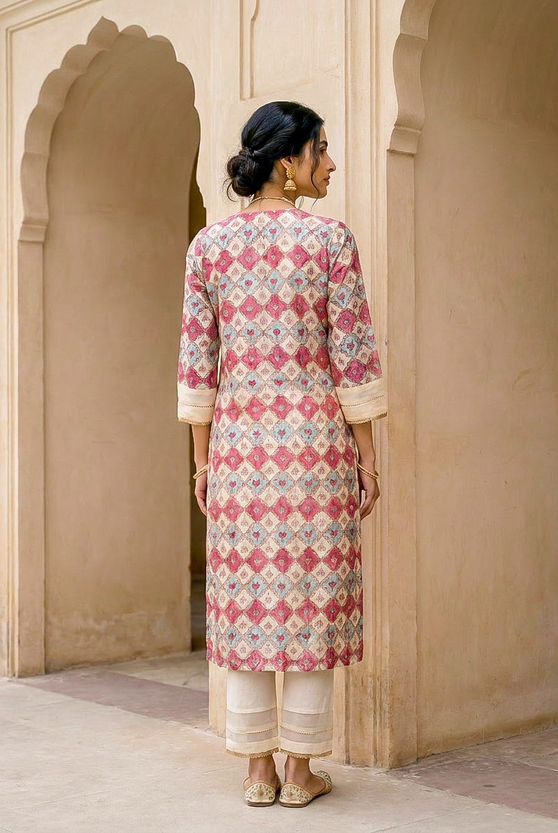 Ivory & Coral Hand Block Print Silk Chanderi Kurta Set with Pants & Dupatta — model front