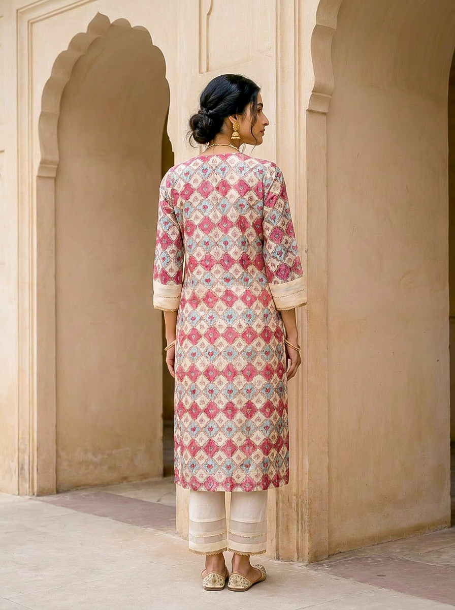 Ivory & Coral Hand Block Print Silk Chanderi Kurta Set with Pants & Dupatta — model front