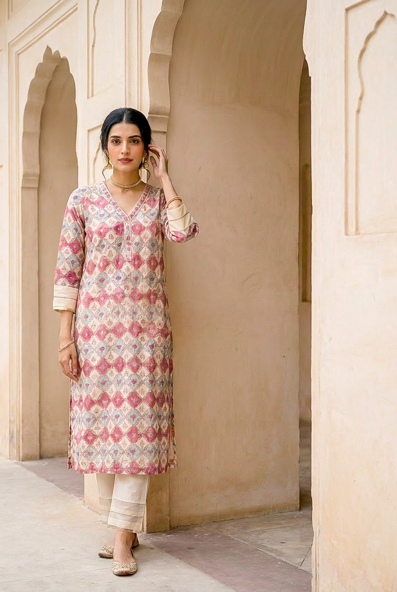 Ivory & Coral Hand Block Print Silk Chanderi Kurta Set with Pants & Dupatta — kurta detail