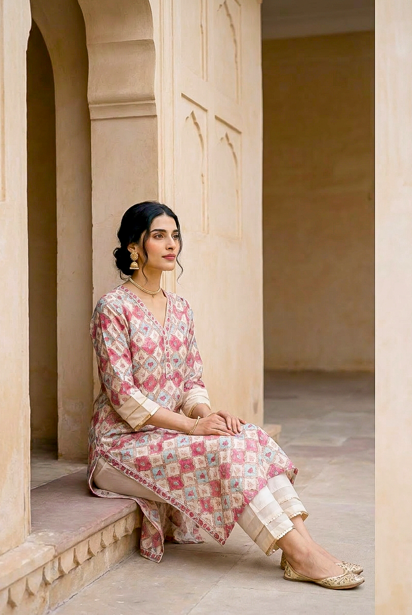 Ivory & Coral Hand Block Print Silk Chanderi Kurta Set with Pants & Dupatta — back view