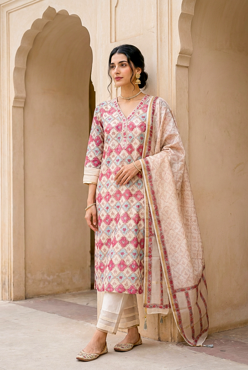 Ivory & Coral Hand Block Print Silk Chanderi Kurta Set with Pants & Dupatta — side view