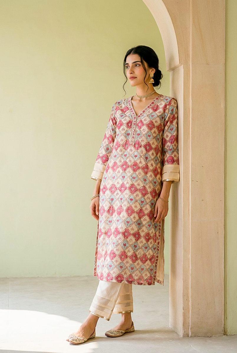 Ivory & Coral Hand Block Print Silk Chanderi Kurta Set with Pants & Dupatta — styling detail