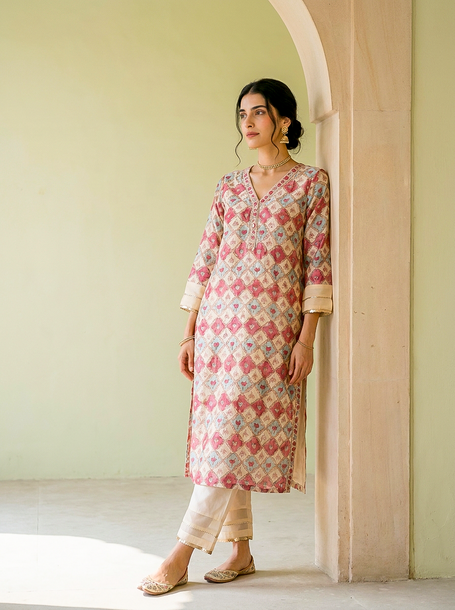 Ivory & Coral Hand Block Print Silk Chanderi Kurta Set with Pants & Dupatta — styling detail