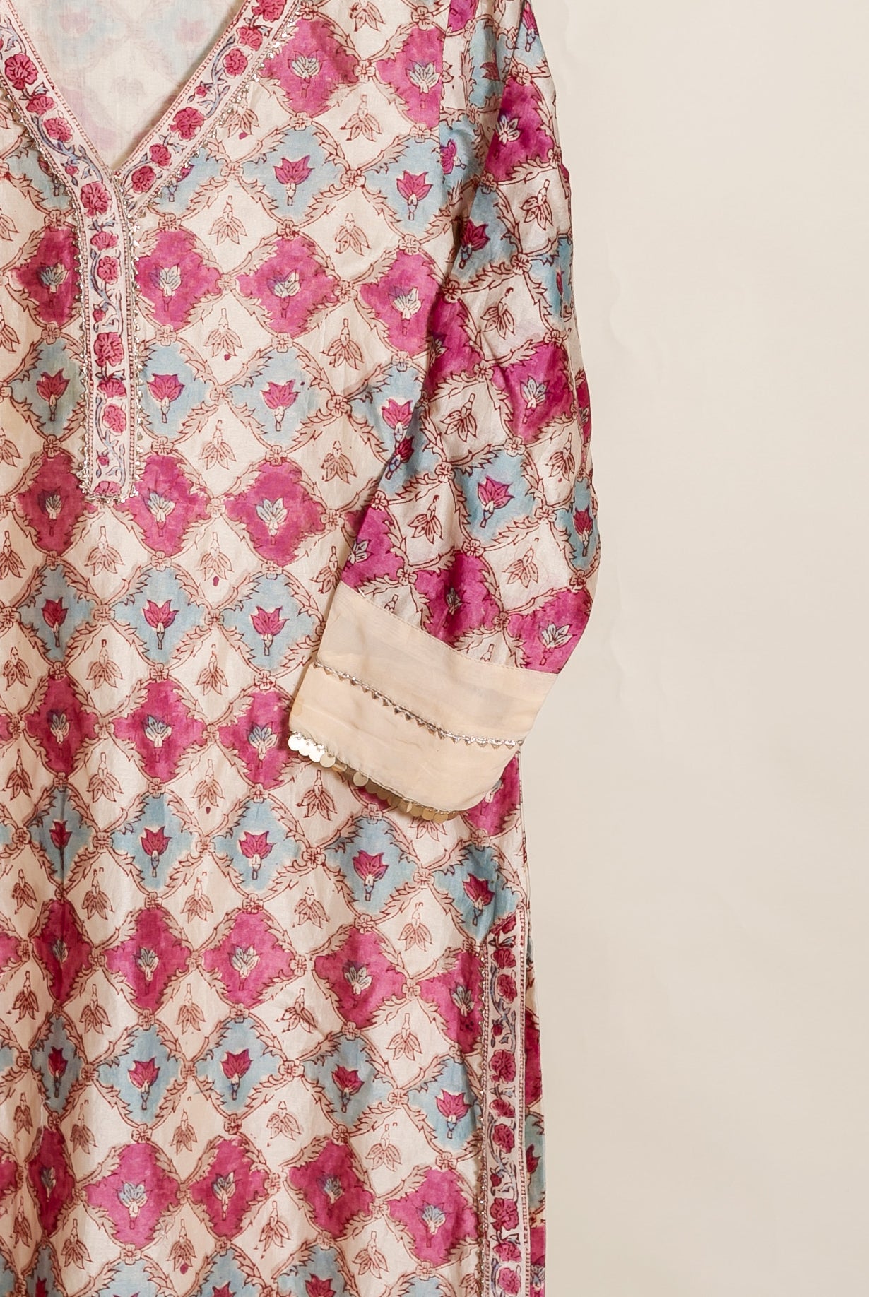 Ivory & Coral Hand Block Print Silk Chanderi Kurta Set with Pants & Dupatta — fabric close-up