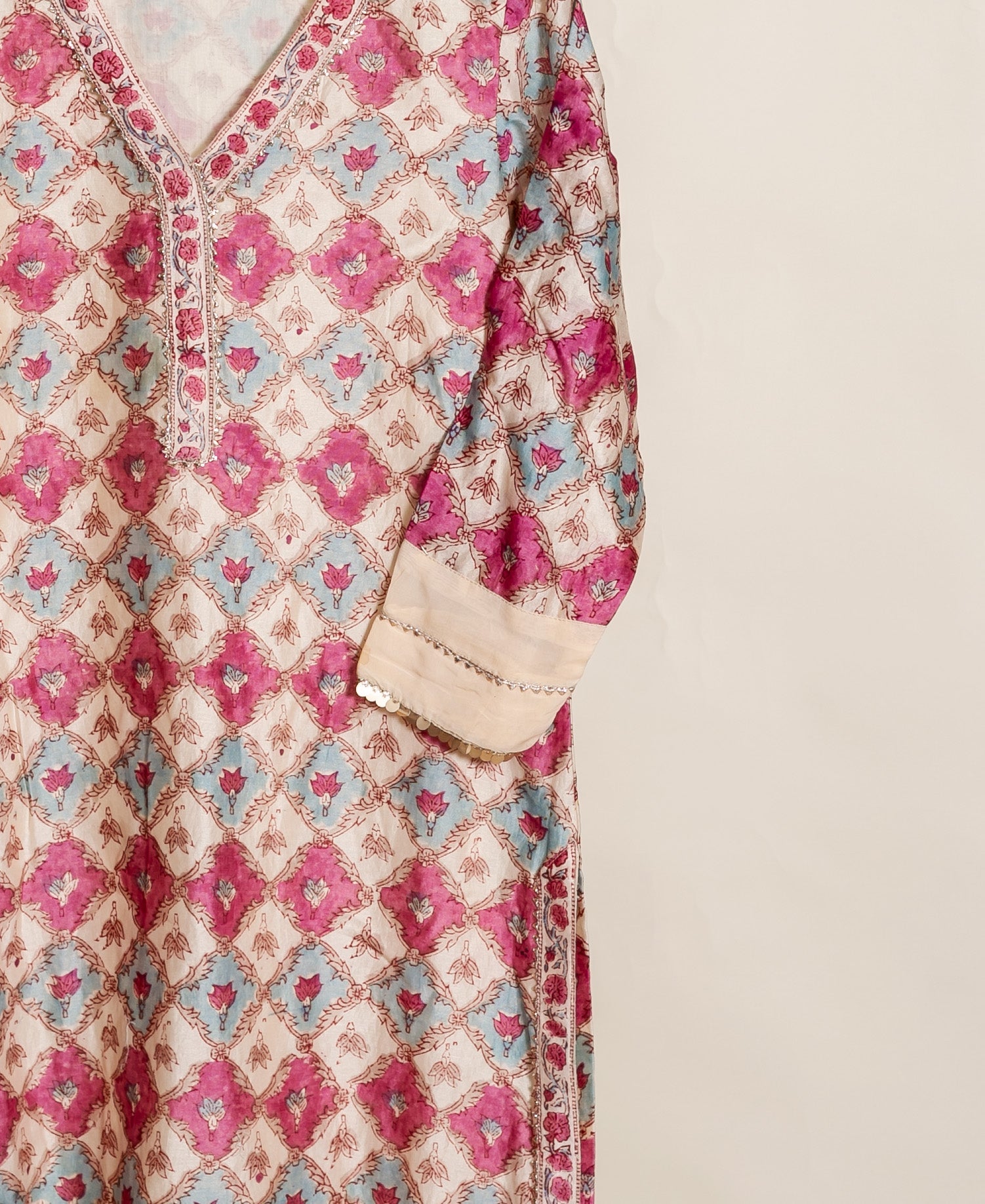 Ivory & Coral Hand Block Print Silk Chanderi Kurta Set with Pants & Dupatta — fabric close-up
