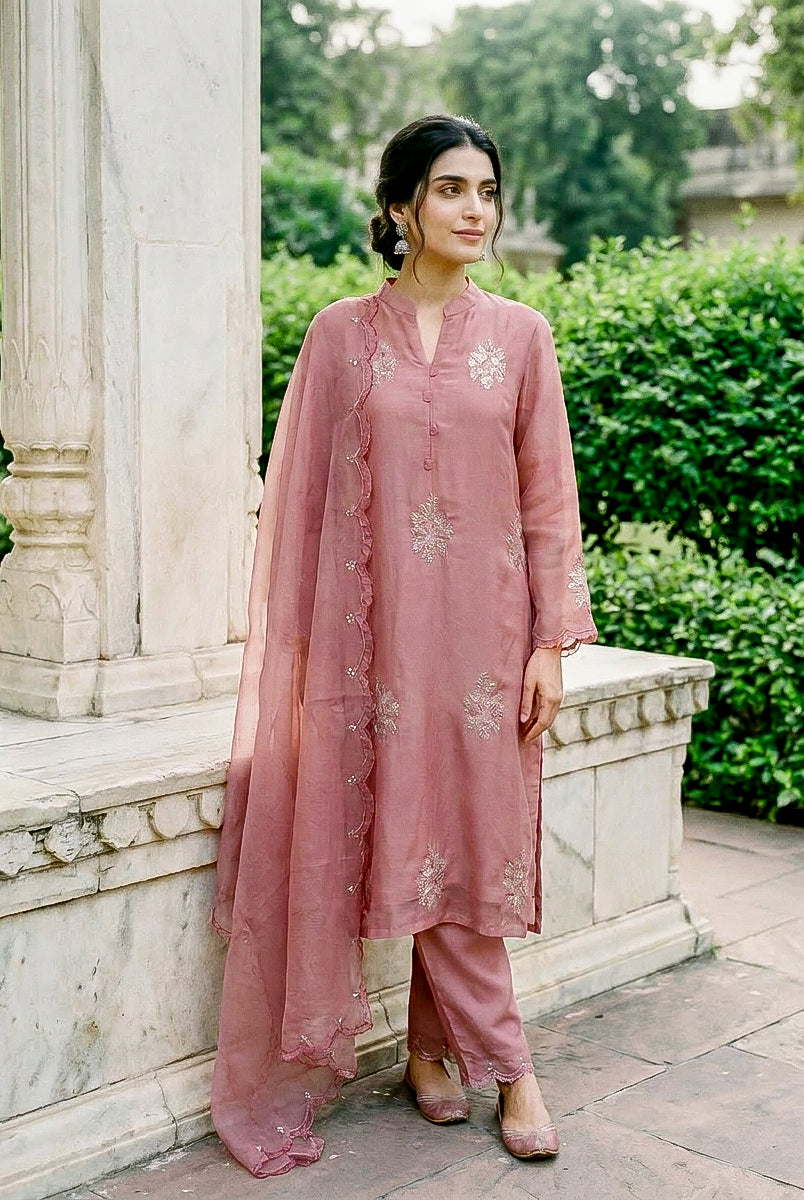 Rose Pink Embroidered Organza Kurta Set with Pants & Dupatta — full set front