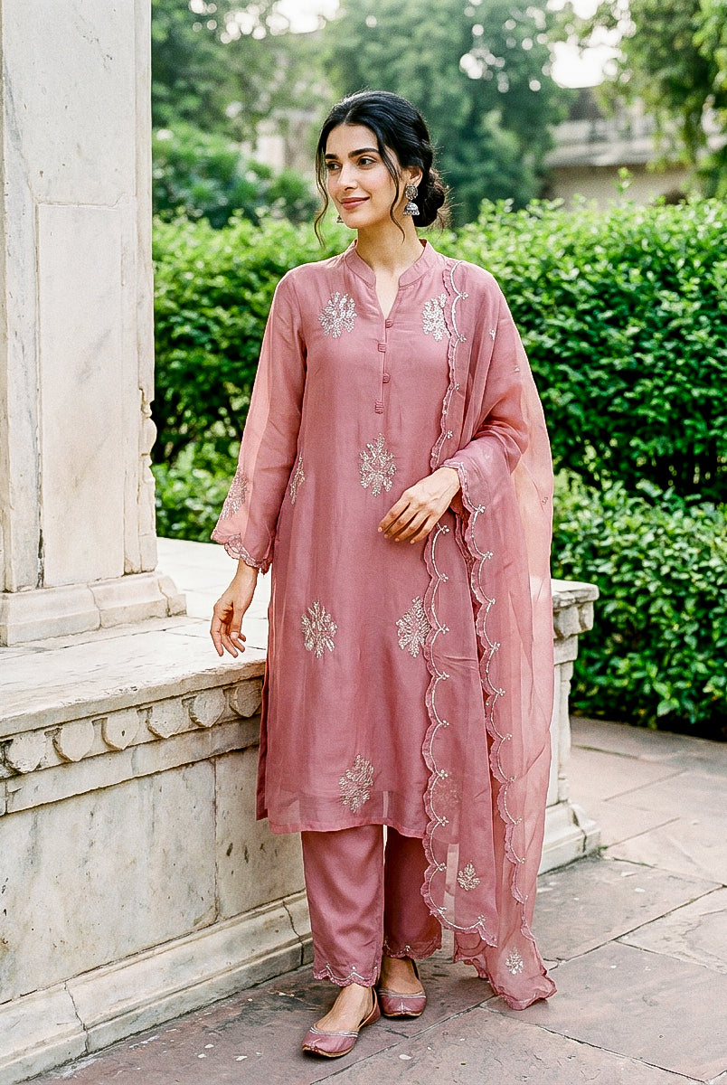 Rose Pink Embroidered Organza Kurta Set with Pants & Dupatta — model front